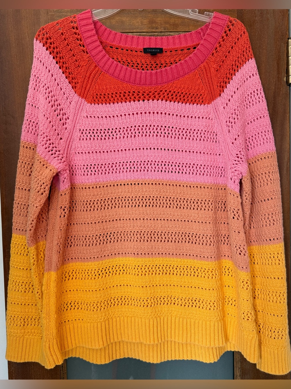 Talbots Colorblock Open Knit Sweater Pink Orange Yellow Striped Crewneck - XL